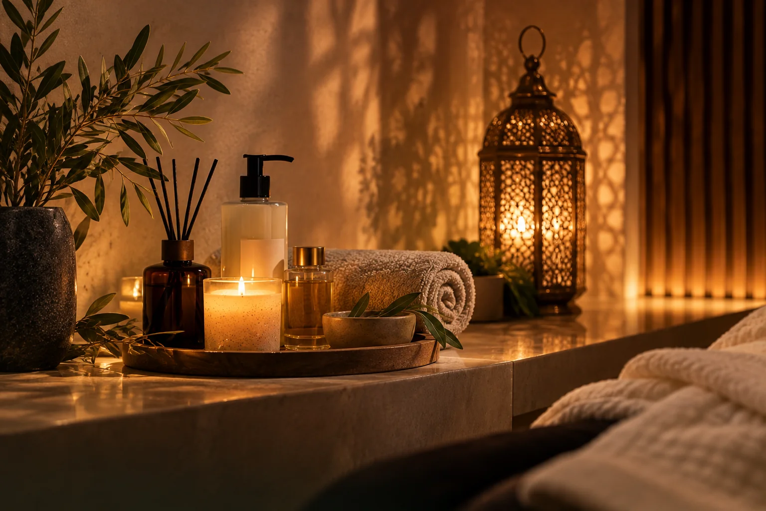 Candle, oils, and rolled towel beside a glowing lantern