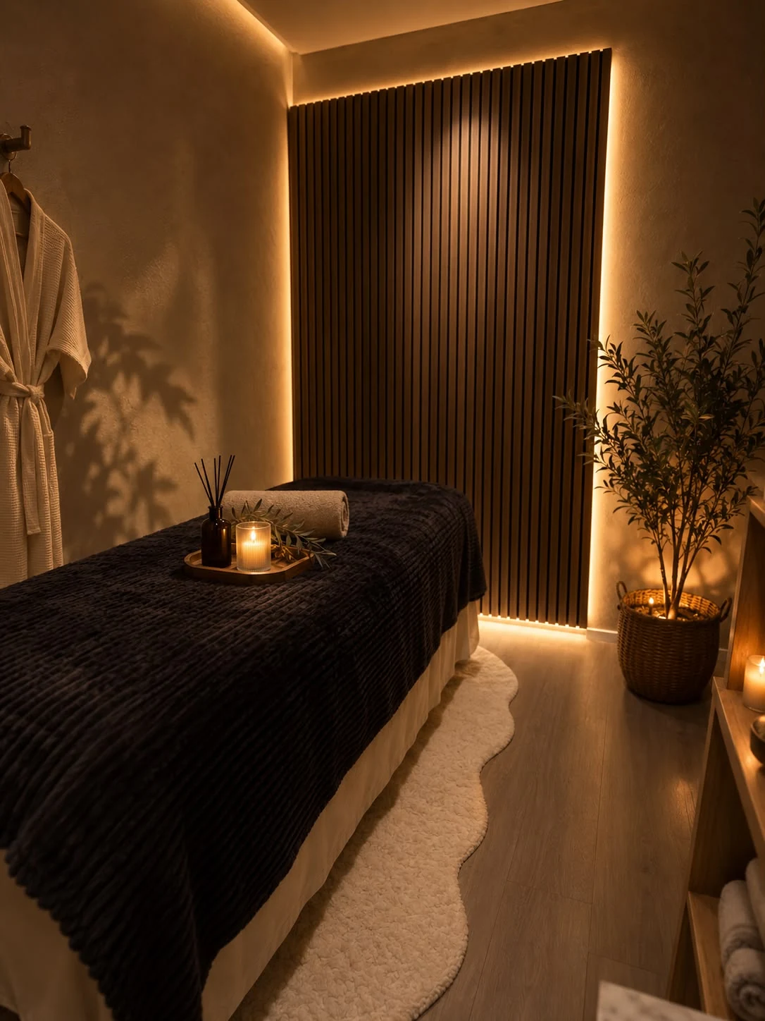 Quiet room with a dark textured blanket and candlelight
