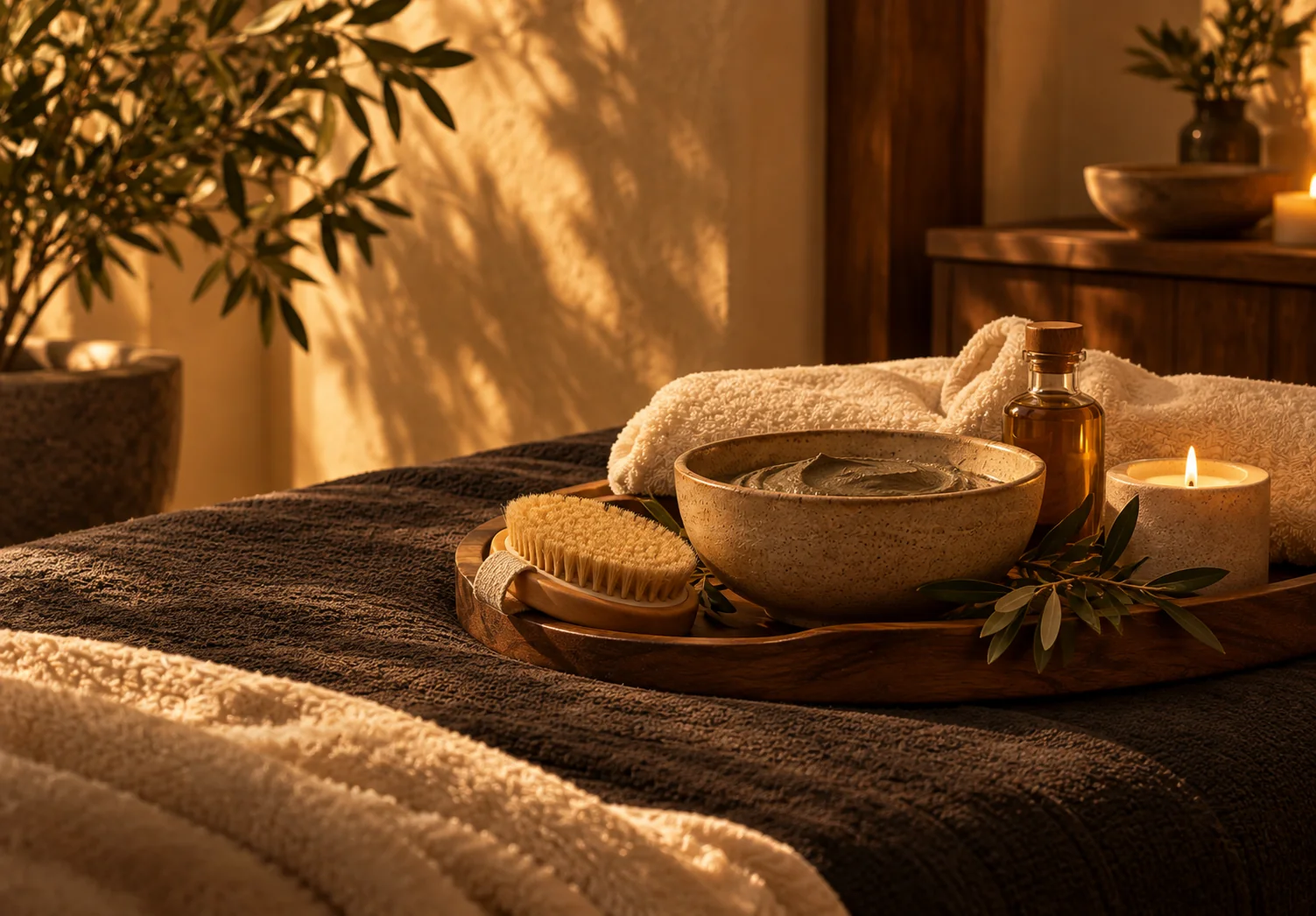 Clay bowl, body brush, oil, and candle arranged on a towel-covered table