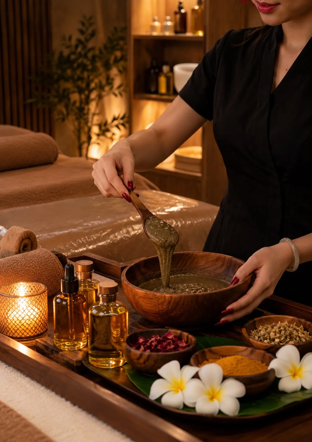 Hands stirring a bowl of herbal mixture beside oils and flowers