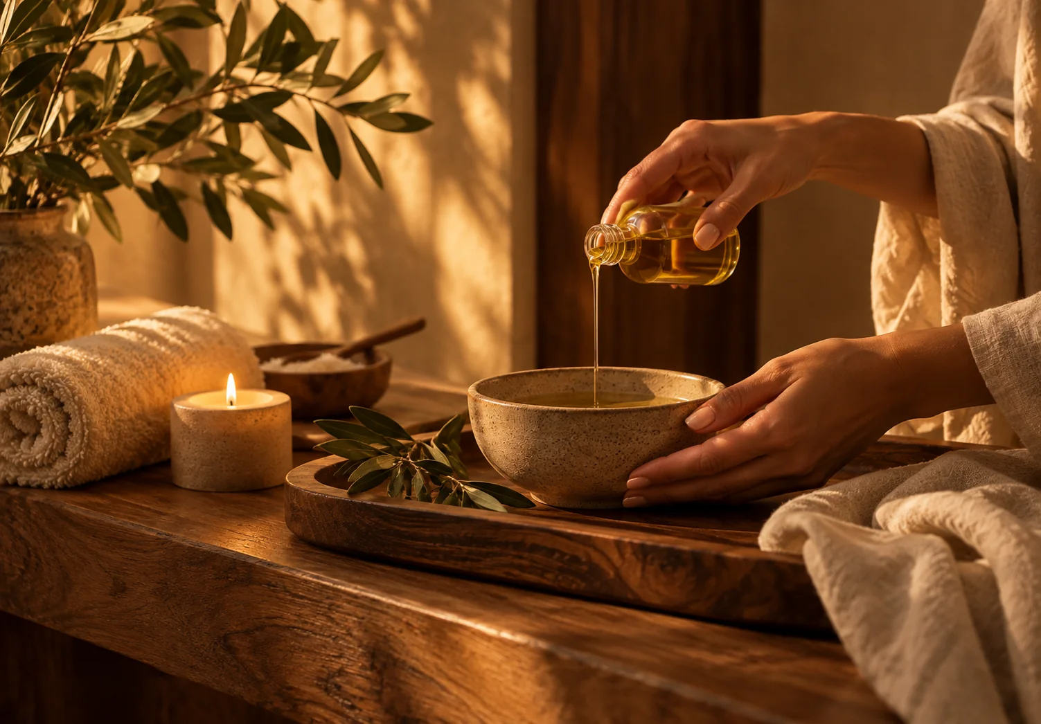 Hands pouring golden oil into a ceramic bowl beside towels and a candle