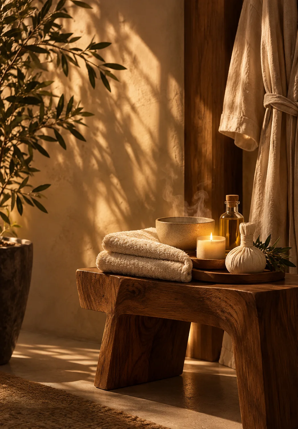 Robe beside folded towels, a steaming bowl, oils, and candlelight