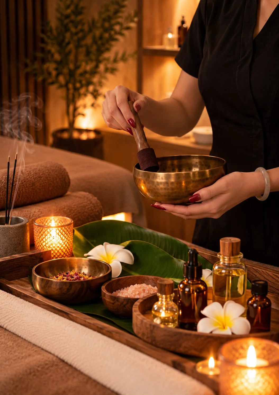 Hands holding a brass singing bowl and mallet above oils and flowers