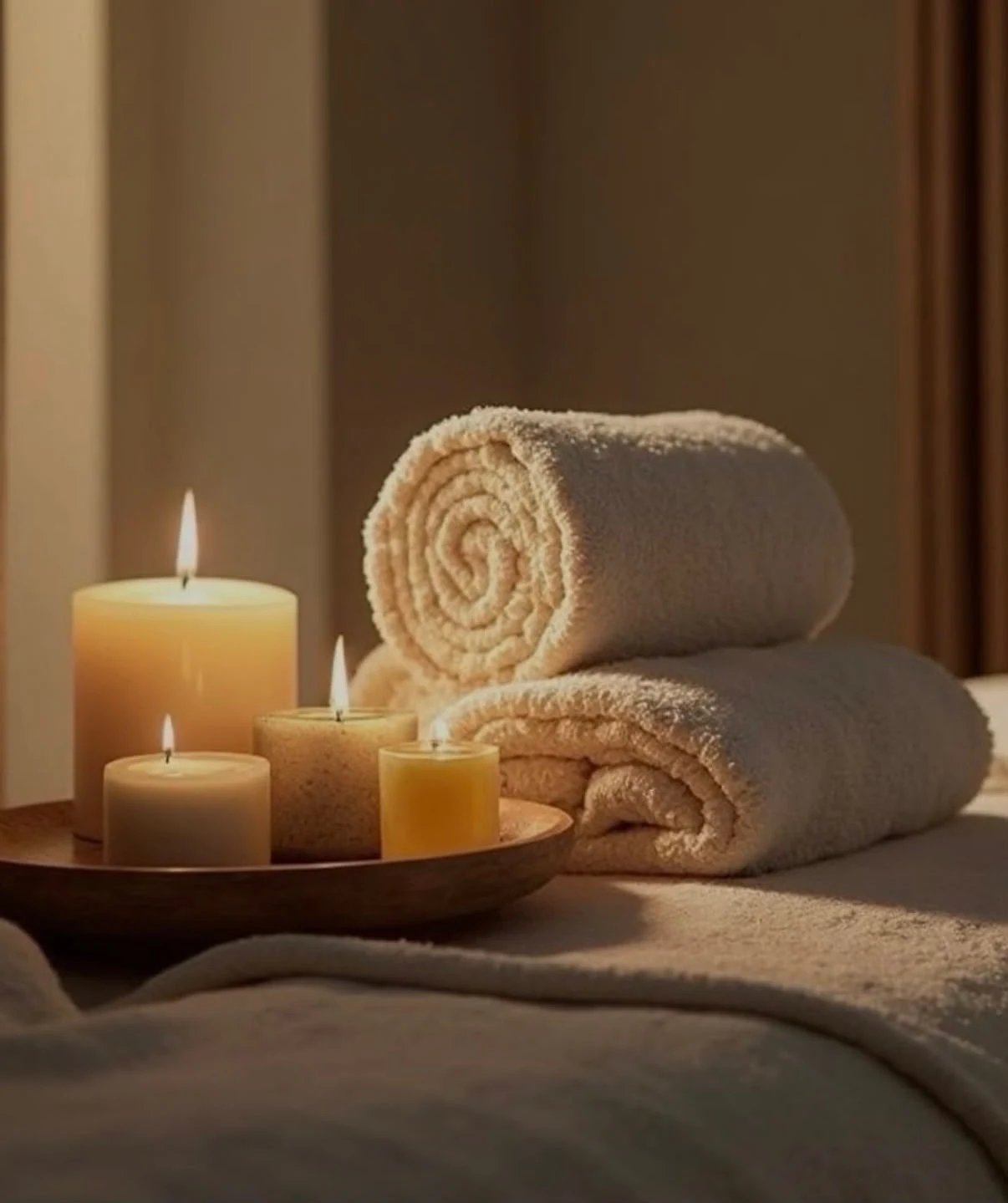 Rolled towels and candles at Greens Wellness